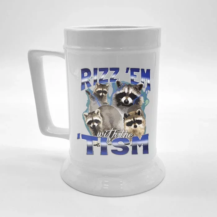 Rizz Em With The Tism Meme Autistic Racoon Funny Autism Front & Back Beer Stein