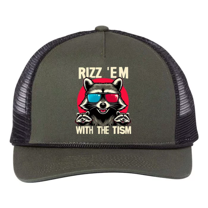 Rizz Em With The Tism Retro Vintage Raccoon Meme Retro Rope Trucker Hat Cap