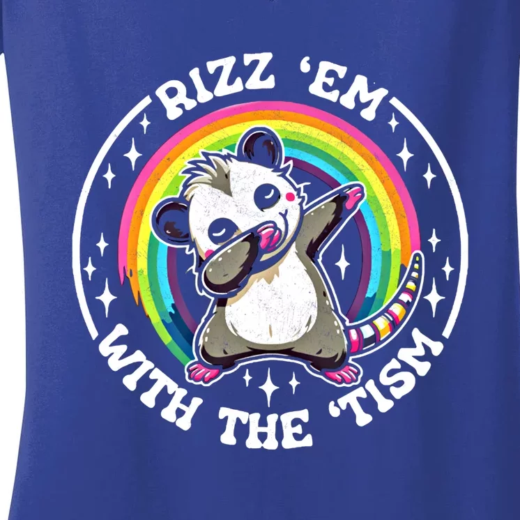 Rizz Em With The Tism Autism Funny Meme Autistic Opossum Meaningful Gift Women's V-Neck T-Shirt