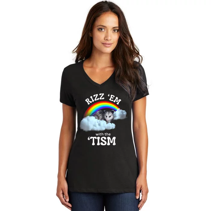 Rizz Em With The Tism Meme Autistic Opossum Autism Funny Women's V-Neck T-Shirt