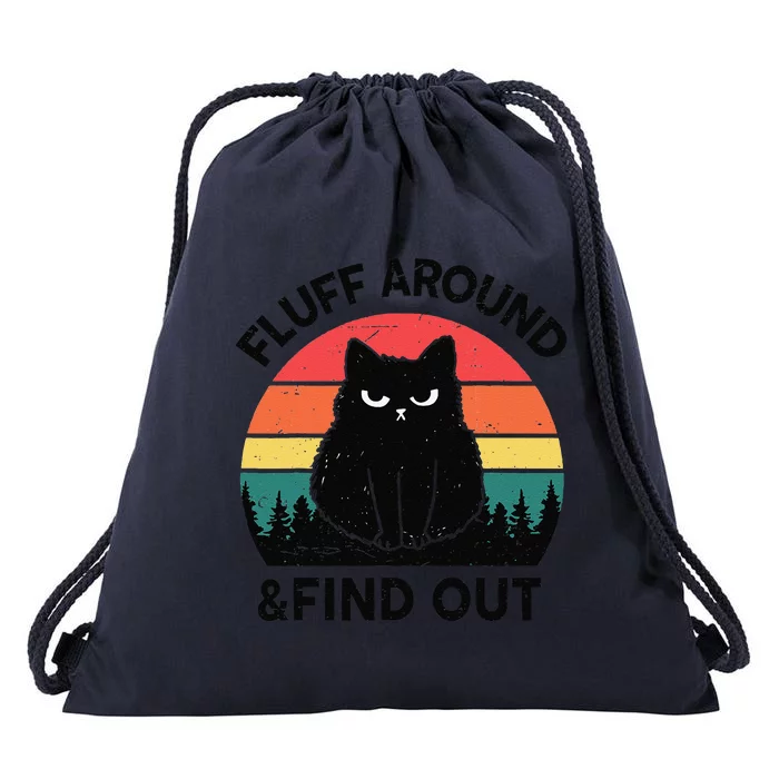 Retro Fluff Around Find Out Black Cat Funny Sarcastic Drawstring Bag