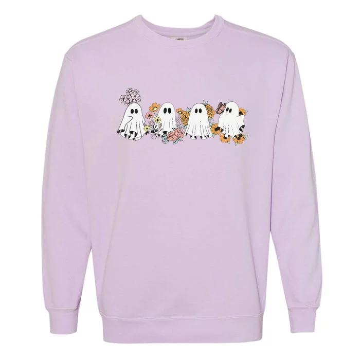 Retro Floral Cute Ghosts Halloween Garment-Dyed Sweatshirt