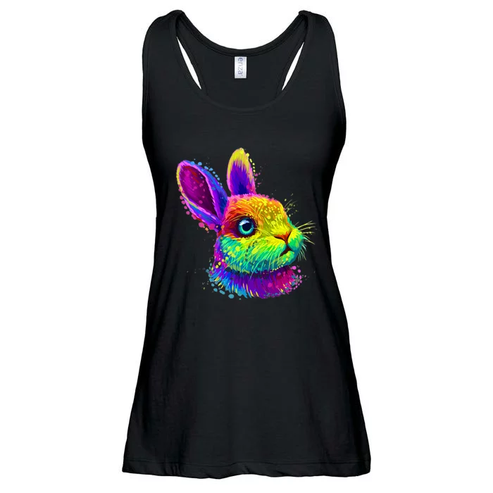 Rabbit Face Colorful Water Color Abstract Head Ladies Essential Flowy Tank