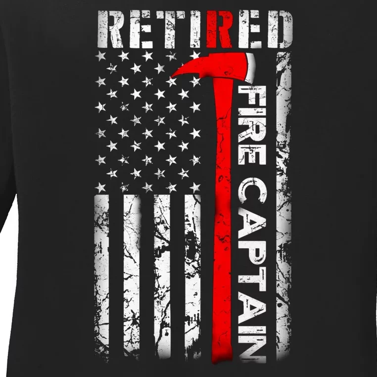 Retired Fire Captain Firefighter American Flag Ladies Long Sleeve Shirt