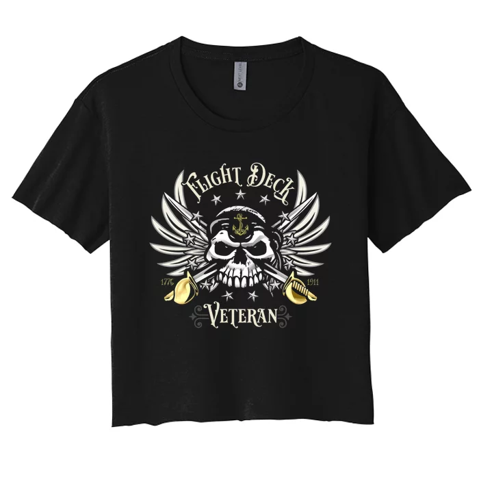 Retro Flight Deck Veteran Skull Naval Aviation Women's Crop Top Tee