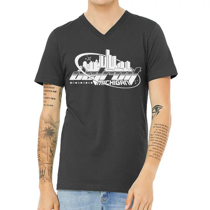 Retro Futuristic Detroit Michigan Skyline Logo V-Neck T-Shirt