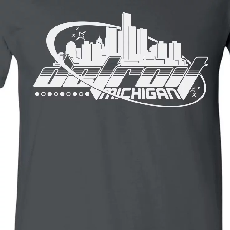 Retro Futuristic Detroit Michigan Skyline Logo V-Neck T-Shirt