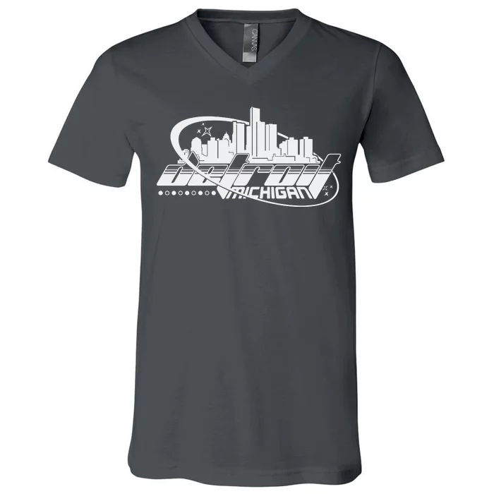 Retro Futuristic Detroit Michigan Skyline Logo V-Neck T-Shirt