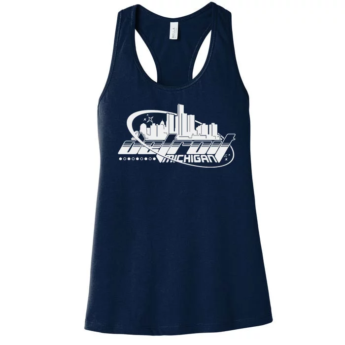 Retro Futuristic Detroit Michigan Skyline Logo Women's Racerback Tank