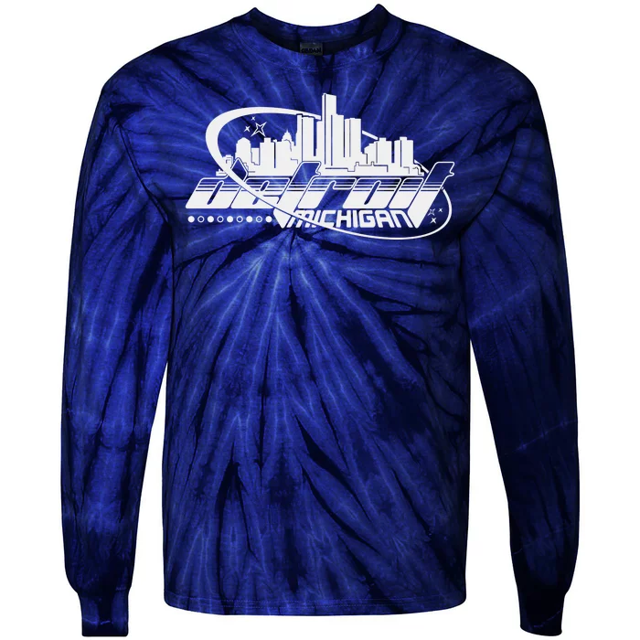 Retro Futuristic Detroit Michigan Skyline Logo Tie-Dye Long Sleeve Shirt