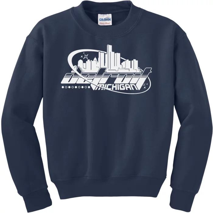 Retro Futuristic Detroit Michigan Skyline Logo Kids Sweatshirt