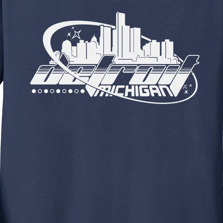 Retro Futuristic Detroit Michigan Skyline Logo Kids Long Sleeve Shirt