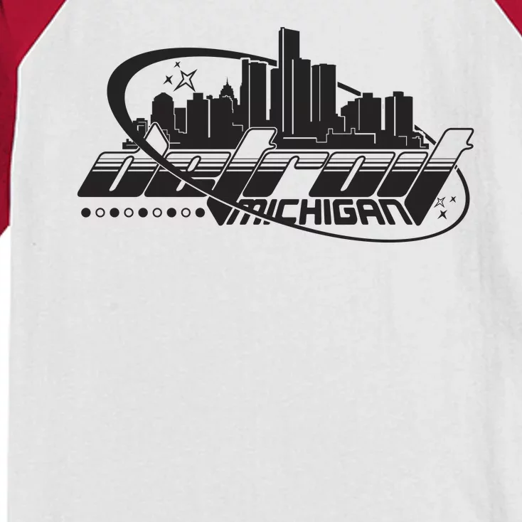 Retro Futuristic Detroit Michigan Skyline Logo Kids Colorblock Raglan Jersey