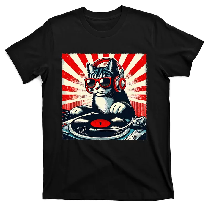 Retro Funny Dj Cat Disco Sound Tech Headphone Music Kitten T-Shirt