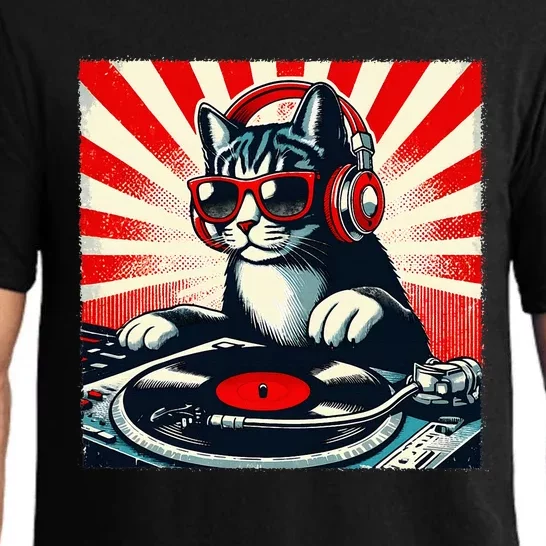 Retro Funny Dj Cat Disco Sound Tech Headphone Music Kitten Pajama Set