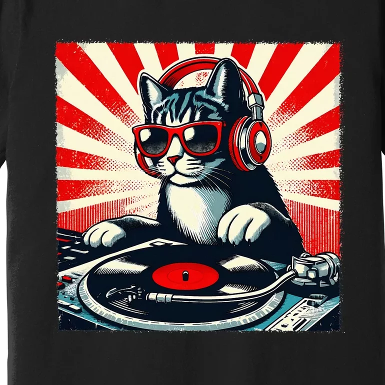 Retro Funny Dj Cat Disco Sound Tech Headphone Music Kitten Premium T-Shirt