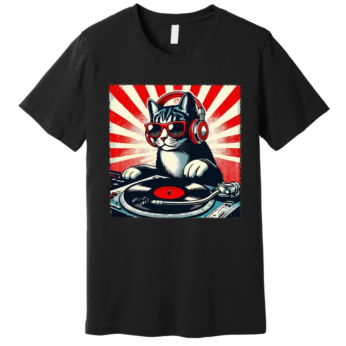 Retro Funny Dj Cat Disco Sound Tech Headphone Music Kitten Premium T-Shirt