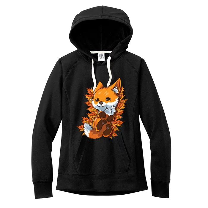 Red Forest Fox Baby Animal Autumn Fall Leaves Women's Fleece Hoodie