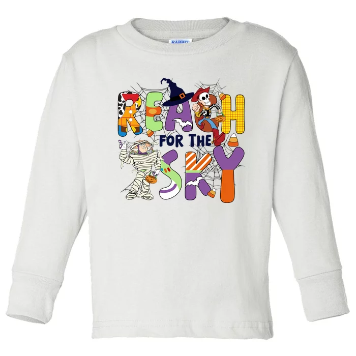 Reach For Funny The Sky Halloween Woody Buzz Lightyear Funny Halloween Toddler Long Sleeve Shirt