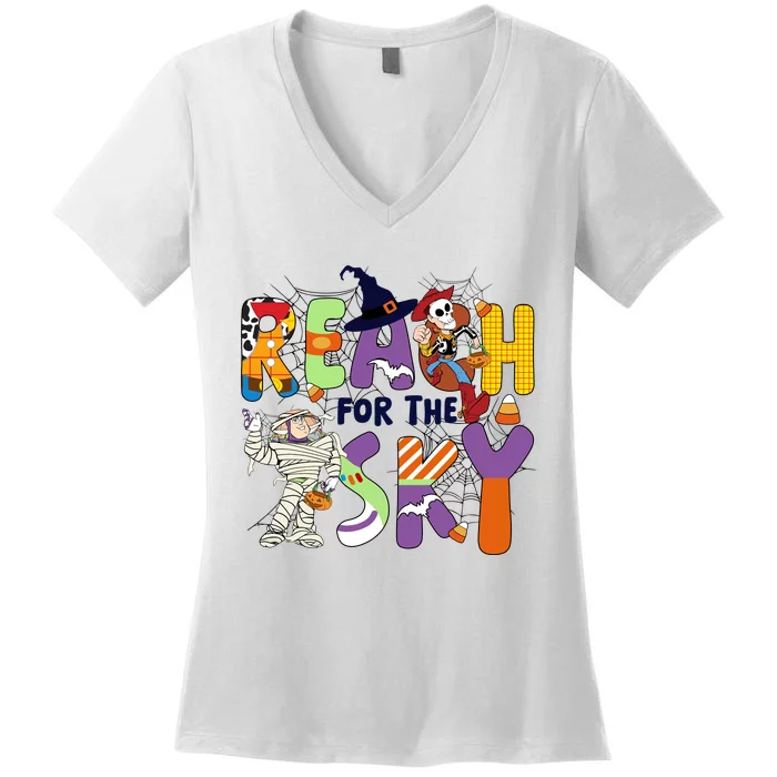 Reach For Funny The Sky Halloween Woody Buzz Lightyear Funny Halloween Women's V-Neck T-Shirt