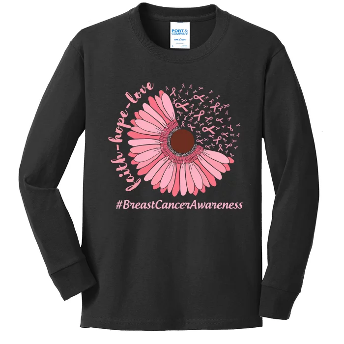 Ribbon Flower Faith Hope Love Breast Cancer Awareness Month Kids Long Sleeve Shirt