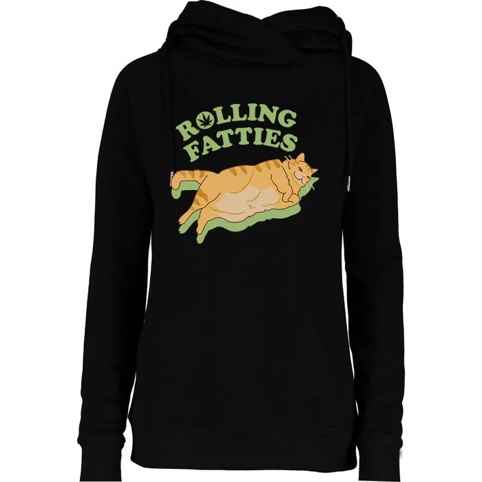 Rolling Fatties Funny Weed Cat Marijuana Womens Funnel Neck Pullover Hood