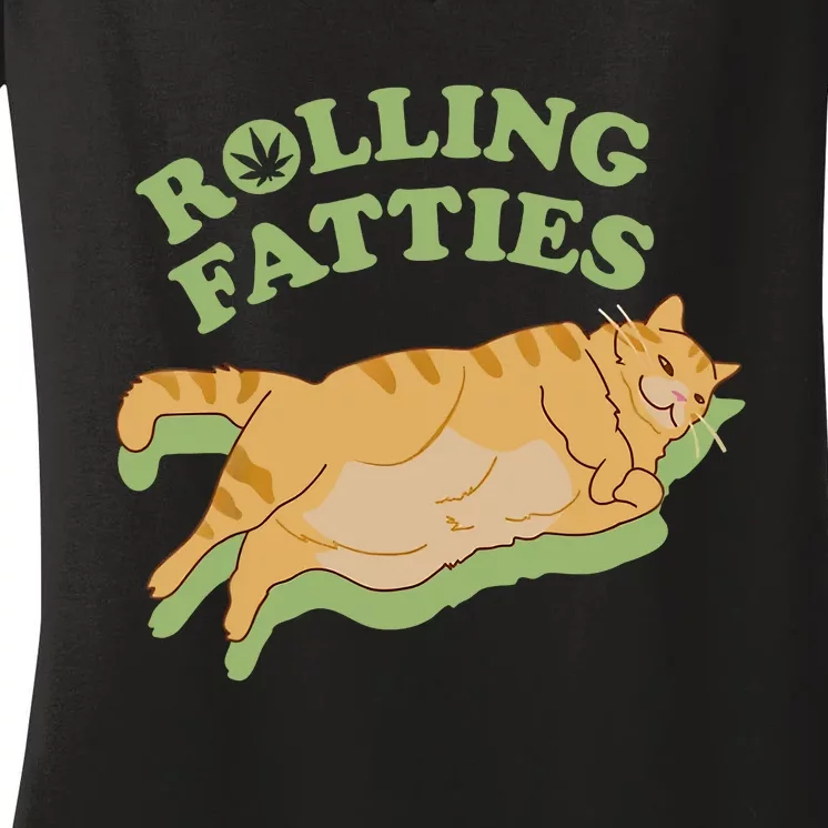 Rolling Fatties Funny Weed Cat Marijuana Women's V-Neck T-Shirt