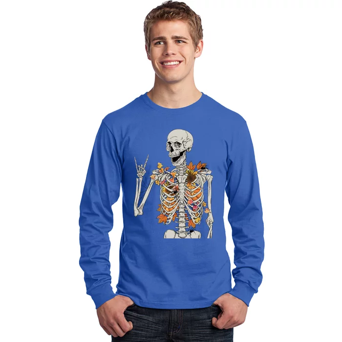 Retro Funny Fall Skeleton Autumn Leaves Peace Halloween Fall Great Gift Long Sleeve Shirt