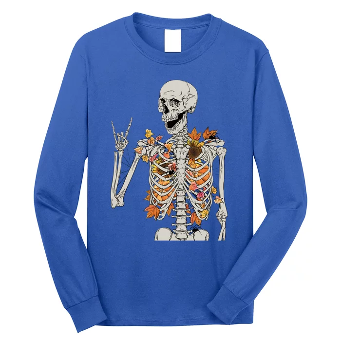 Retro Funny Fall Skeleton Autumn Leaves Peace Halloween Fall Great Gift Long Sleeve Shirt