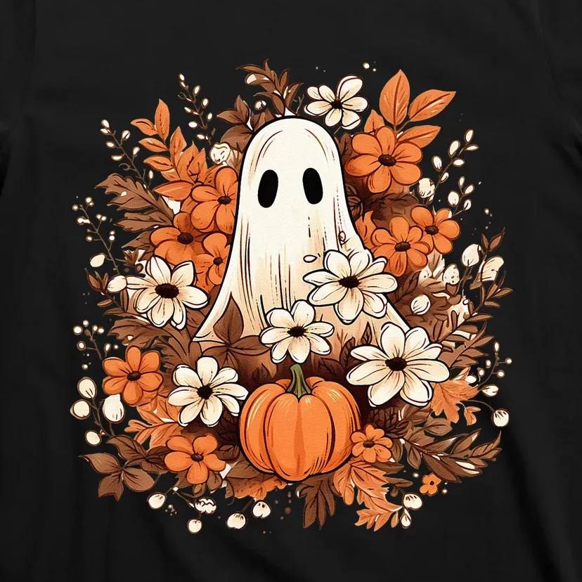 Retro Floral Ghost Cute Pumpkin Autumn Halloween Gothic T-Shirt