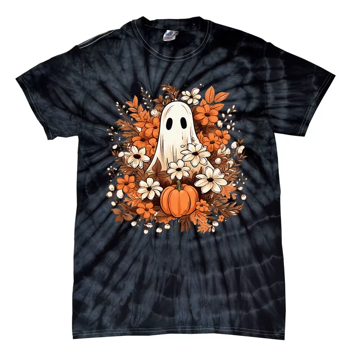 Retro Floral Ghost Cute Pumpkin Autumn Halloween Gothic Tie-Dye T-Shirt