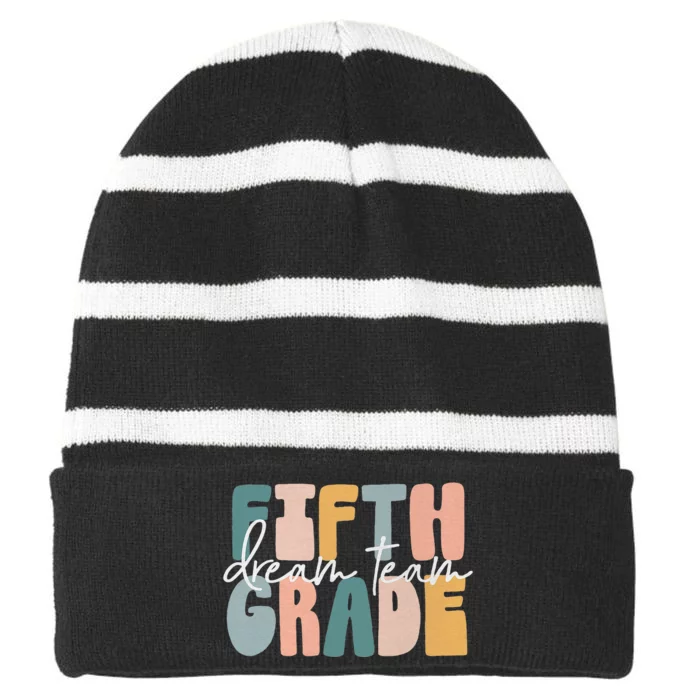 Retro Fifth Grade Dream Team Groovy Teacher Back To School Striped Beanie with Solid Band