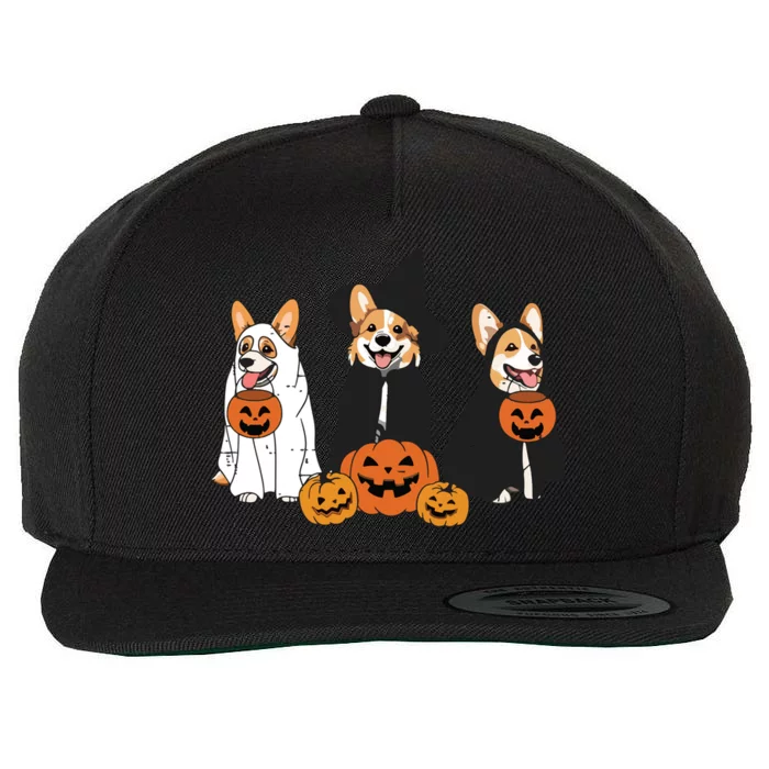 Retro Funny Ghost And Witch Corgi Dog Pumpkin Halloween Cute Sweatshirt Wool Snapback Cap