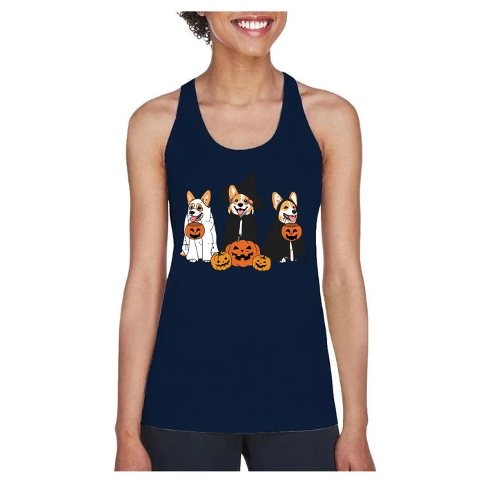 Retro Funny Ghost And Witch Corgi Dog Pumpkin Halloween Cute Sweatshirt Women's Racerback Tank