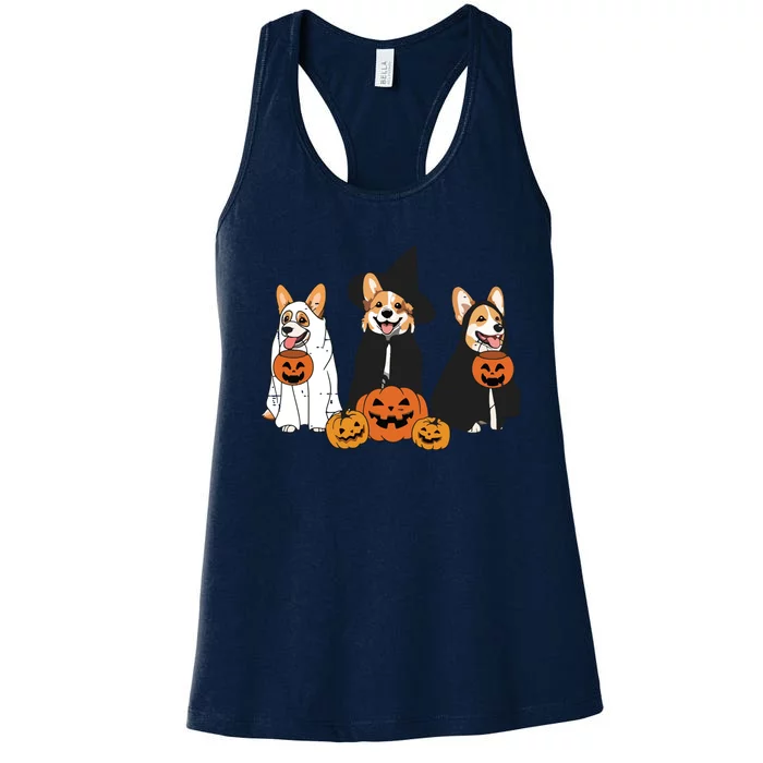 Retro Funny Ghost And Witch Corgi Dog Pumpkin Halloween Cute Sweatshirt Women's Racerback Tank