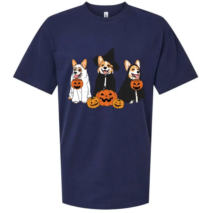 Retro Funny Ghost And Witch Corgi Dog Pumpkin Halloween Cute Sweatshirt Sueded Cloud Jersey T-Shirt