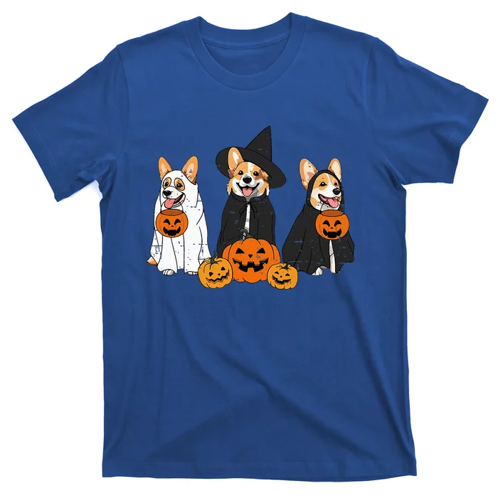 Retro Funny Ghost And Witch Corgi Dog Pumpkin Halloween Cute T-Shirt