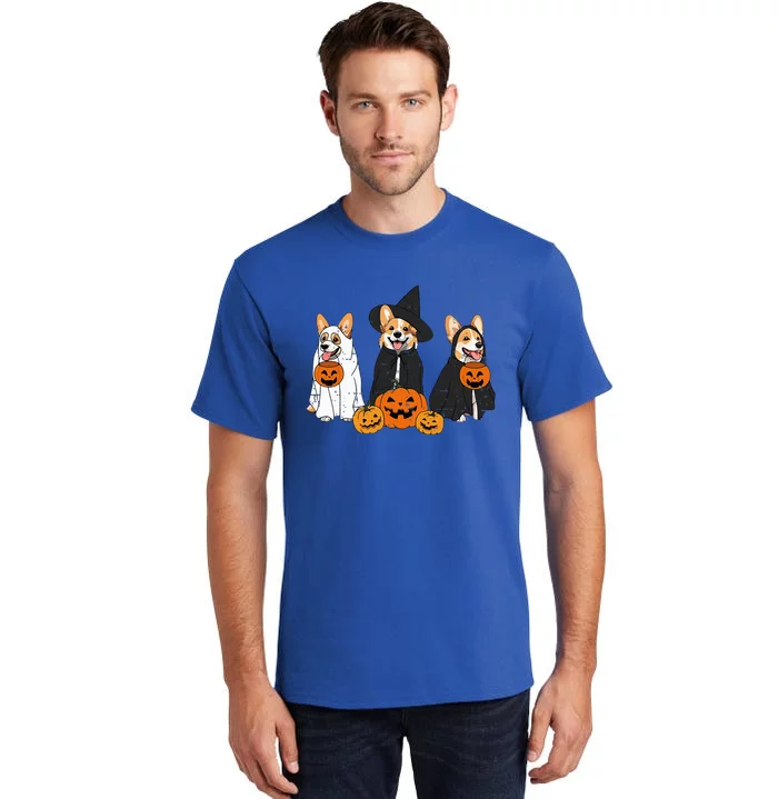 Retro Funny Ghost And Witch Corgi Dog Pumpkin Halloween Cute Tall T-Shirt