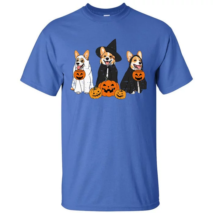 Retro Funny Ghost And Witch Corgi Dog Pumpkin Halloween Cute Tall T-Shirt