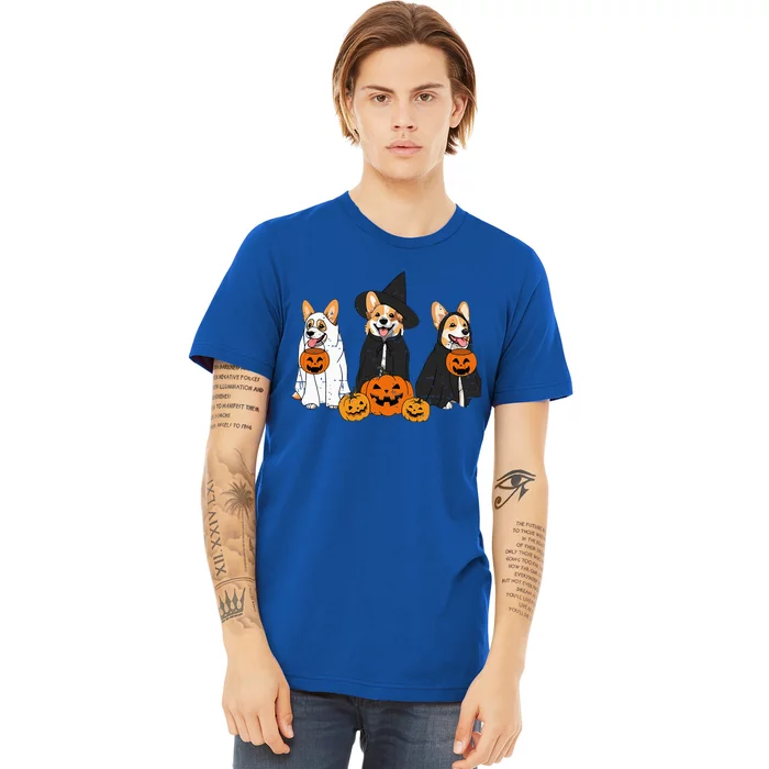 Retro Funny Ghost And Witch Corgi Dog Pumpkin Halloween Cute Premium T-Shirt