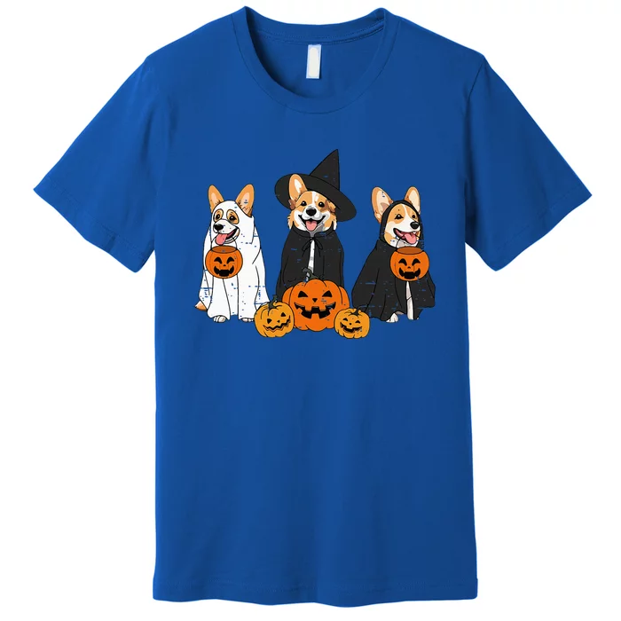 Retro Funny Ghost And Witch Corgi Dog Pumpkin Halloween Cute Premium T-Shirt