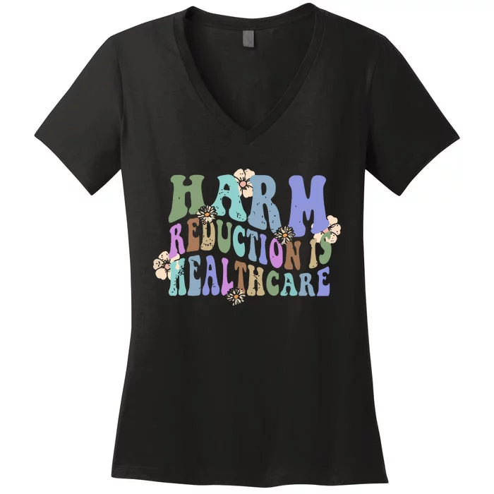 Retro Flower Harm Reduction Healthcare Overdose Awareness Women's V-Neck T-Shirt