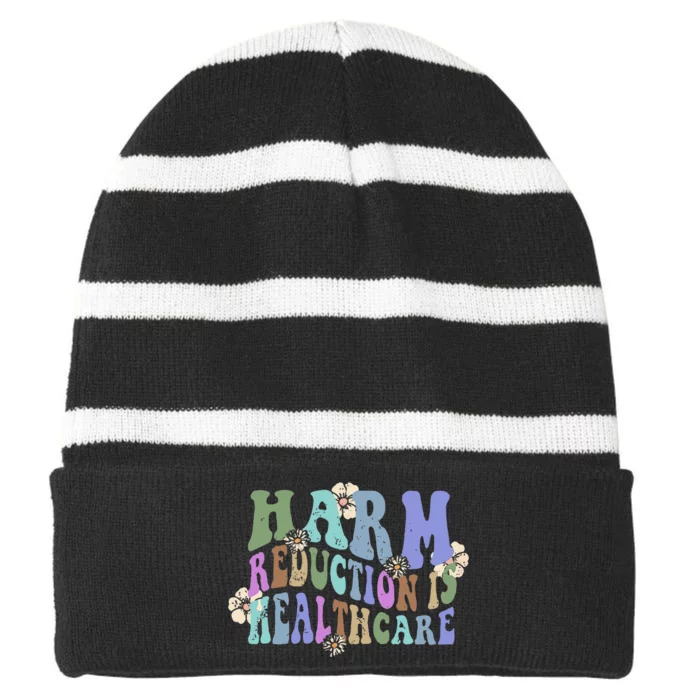 Retro Flower Harm Reduction Healthcare Overdose Awareness Gift Striped Beanie with Solid Band