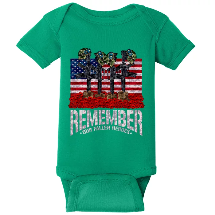 Remember Fallen Heroes Poppy Memorial Day Veteran Soldier Baby Bodysuit