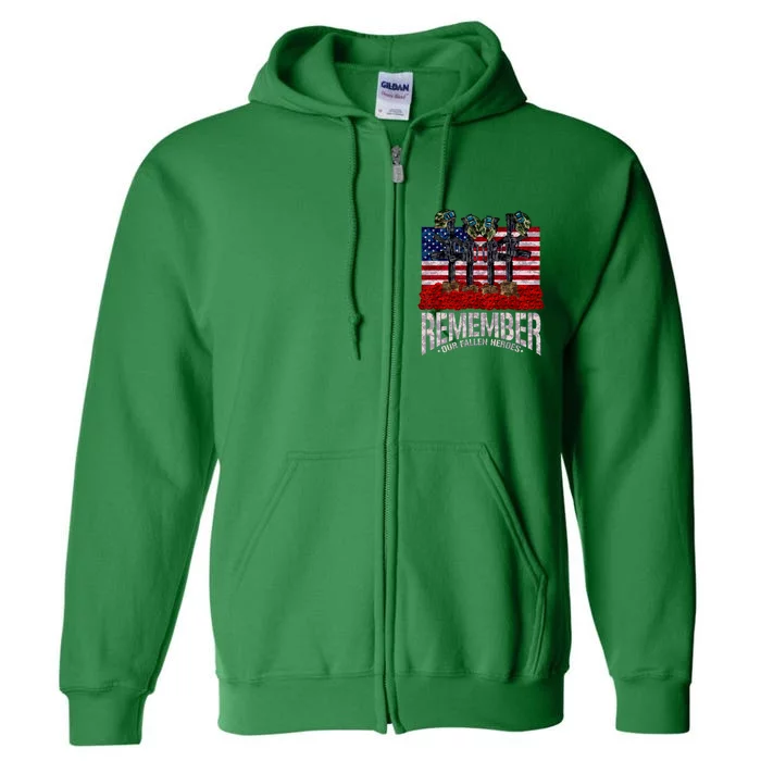 Remember Fallen Heroes Poppy Memorial Day Veteran Soldier Full Zip Hoodie