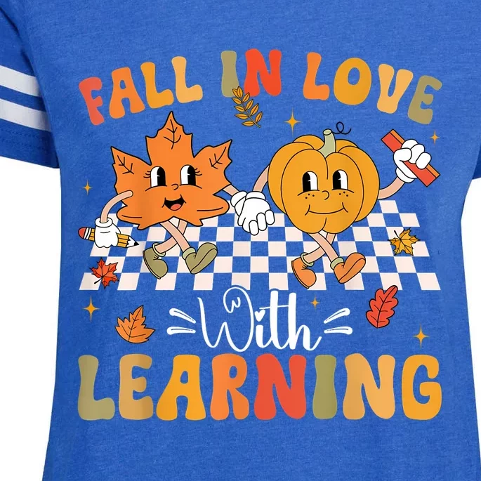 Retro Fall In Love With Learning Autumn Pumpkin Teacher Enza Ladies Jersey Football T-Shirt