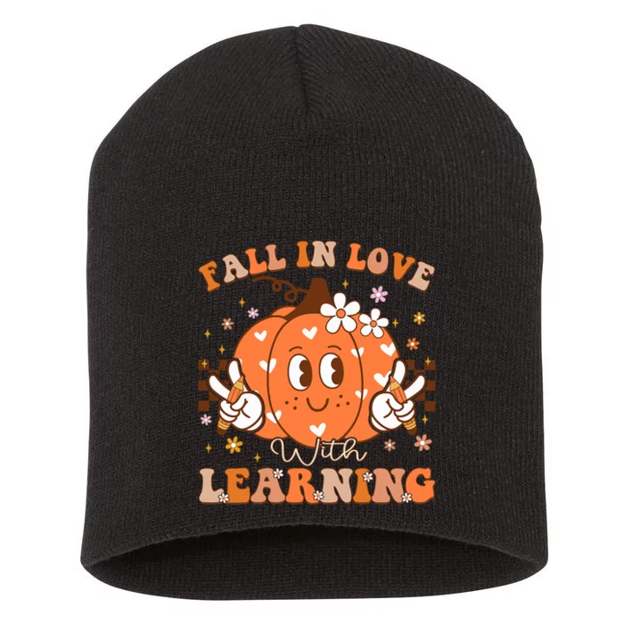 Retro Fall In Love With Learning Autumn Pumpkin Teacher Short Acrylic Beanie