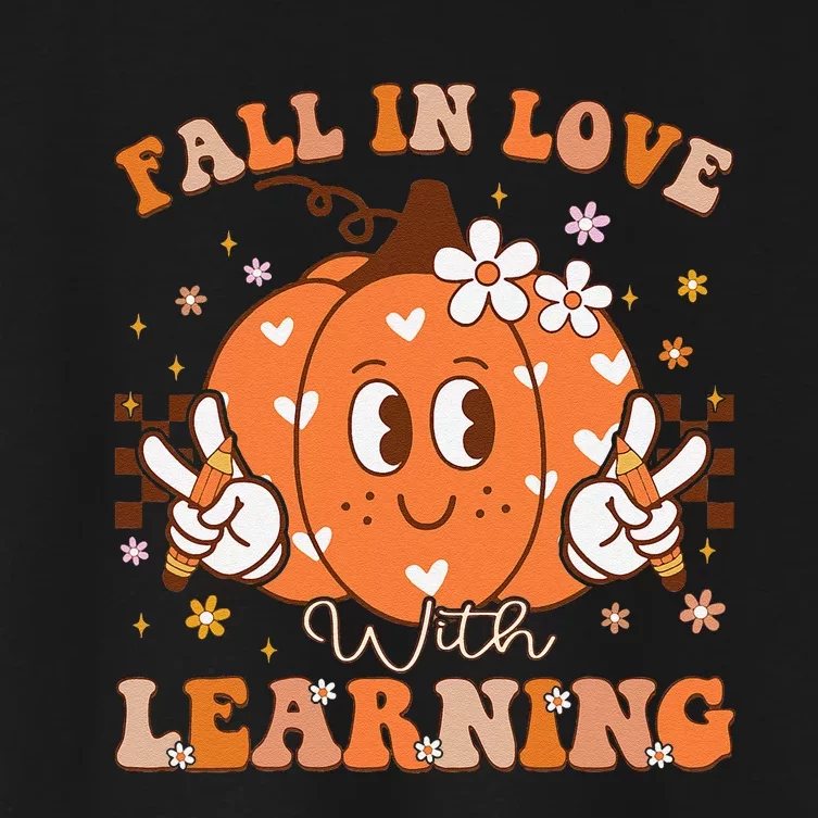 Retro Fall In Love With Learning Autumn Pumpkin Teacher Gift Women's Crop Top Tee