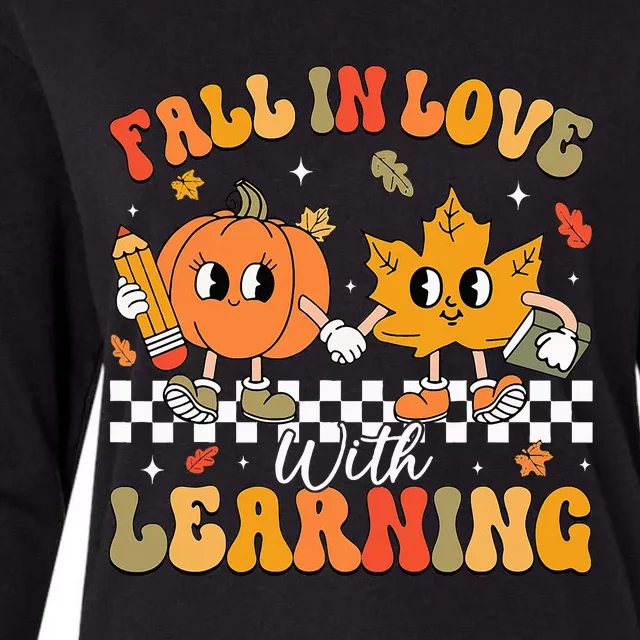 Retro Fall In Love With Learning Autumn Pumpkin Teacher Womens Cotton Relaxed Long Sleeve T-Shirt