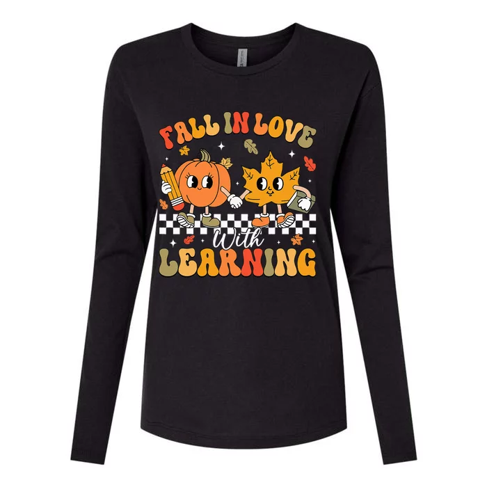 Retro Fall In Love With Learning Autumn Pumpkin Teacher Womens Cotton Relaxed Long Sleeve T-Shirt